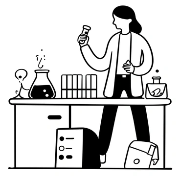 A woman wearing a lab coat is standing at a laboratory table, carefully mixing liquids in test tubes. She holds a test tube in one hand while using a glass stir rod in the other. Several test tubes filled with different substances are arranged in a test tube rack on the table. There are beakers filled with colorful liquids and a Bunsen burner in the background, providing additional context for the biochemistry experiment. A notebook with handwritten notes and a pen is placed next to the test tubes.