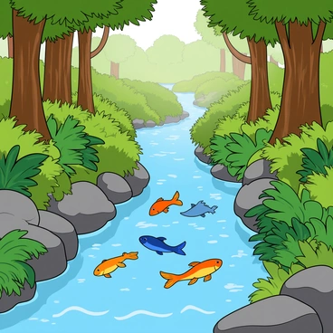 A vibrant scene of a clear forest stream winding through a dense area of greenery. Colorful fish swim gracefully in the sparkling water, showcasing shades of orange, blue, and yellow. The stream is bordered by rich green foliage, including large leaves and ferns, creating a lush environment. Sunlight filters through the canopy above, casting dappled light on the water's surface. In the background, tall trees with thick trunks stand proudly, enhancing the enchanting atmosphere of the scene.