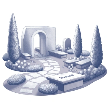 A tranquil garden setting with intricate stone pathways winding through a variety of plants. The garden features elegant elven architecture, including archways and finely carved benches. Surrounding the area are tall trees with intricate bark patterns, creating a natural canopy. A variety of blooming flowers with distinct shapes and sizes are scattered throughout the garden. The scene includes gentle water features, such as small fountains or streams, adding a sense of calmness to the environment. "Rivendell" is inscribed on a decorative stone tablet placed prominently in the garden.