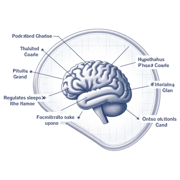 A detailed scientific diagram of the pineal gland is presented in a monochrome drawing. The diagram includes the pineal gland prominently displayed at the center, clearly labeled with "Pineal Gland." Lines extend from the pineal gland, illustrating its connections to various brain regions such as the "Hypothalamus," "Thalamus," and "Pituitary Gland." Each connection is accompanied by annotations describing its functions, such as "Regulates sleep-wake cycles" and "Secretes melatonin." Additionally, the diagram features a surrounding border with a grid pattern for a structured look, enhancing the clarity and educational nature of the depiction.