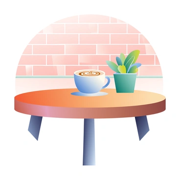 A wooden table at a hipster café is topped with a cup of artisan coffee, complete with intricate latte art. Next to the cup is a small potted plant with vibrant green leaves. The background features a wall of exposed red brick, adding texture to the scene. The café ambiance is enhanced by soft lighting that highlights the details on the table, creating a cozy atmosphere.