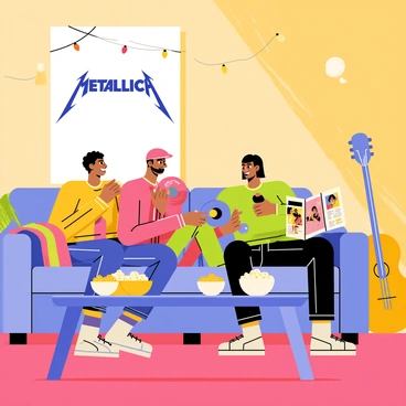 A group of four friends sitting on a large, comfortable sofa in a warmly lit living room. There is a vibrant poster of "Metallica" on the wall, surrounded by string lights. The friends are enjoying snacks, with bowls of popcorn and chips on the coffee table in front of them. One friend is holding a vinyl record, while another is flipping through a magazine with the band on the cover. A colorful blanket is draped over the sofa, and a couple of guitars are leaning against the wall. The scene conveys a relaxed and cheerful atmosphere as they listen to the music.