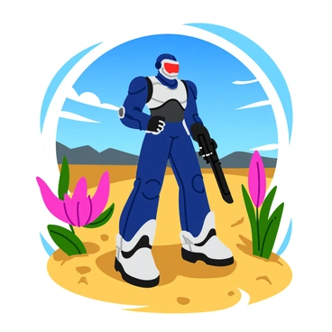 A fierce space mercenary in sleek, high-tech armor stands poised for battle. The armor is metallic with sharp angular edges, featuring a deep blue and silver color scheme that reflects the alien sunlight. The mercenary's visor glows with a bright red hue, hinting at advanced targeting systems. Surrounding him are unusual alien plants with vibrant colors and strange shapes, casting shadows on the sandy ground. In the background, a dramatic sky filled with swirling clouds and distant mountains creates an intense atmosphere. The mercenary holds a futuristic weapon, ready to face the unknown challenges of this alien world.