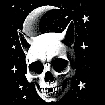 A cat skull is positioned at the center of the image, showcasing its intricate bones and hollow eye sockets. Surrounding the skull, several glowing stars are scattered, creating a sense of magic and wonder. Above the skull, a detailed crescent moon is depicted, adding to the celestial theme. The background is a deep night sky filled with scattered stars, enhancing the overall mystical atmosphere of the scene.