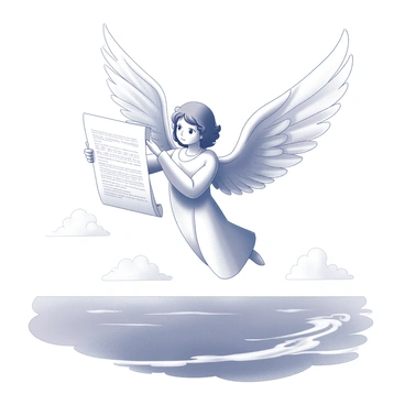 An angel with large, detailed wings is depicted in mid-flight, hovering above the surface of the sea. The angel's expression is serene, and it holds a scroll in its hands. The scroll is partially unrolled, revealing intricate ancient writings inscribed on it. Below, the sea shimmers with gentle waves, reflecting the light from above. Soft clouds are present in the background, adding depth to the scene. The overall composition conveys a sense of calm and divinity.