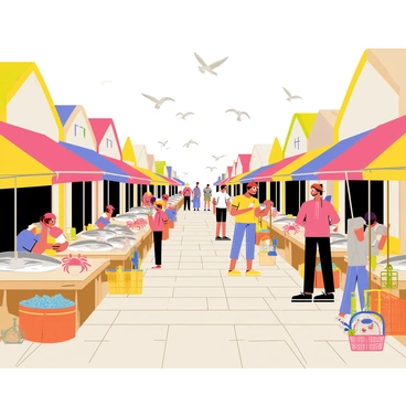 A lively fishing village market bustling with activity. Colorful stalls line the cobblestone pathways, each adorned with vibrant awnings. A variety of freshly caught fish, including shiny silver fish and bright red crabs, are displayed on wooden tables. Nearby, several fishing poles, some with bright blue reels and colorful bait attached, are propped up for sale. Villagers and visitors chat enthusiastically, while seagulls circle overhead against a clear sky. Baskets filled with shellfish and fishing nets are scattered throughout the scene, adding to the market's vibrant atmosphere.