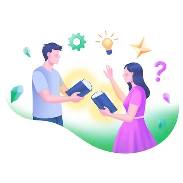 A modern pastel illustration featuring two individuals standing opposite each other. One person, wearing a light blue shirt, holds a glowing book in their hands, while the other person, dressed in a soft pink dress, reaches out to receive it. The books emit a warm, radiant light, highlighting their features. Around them, floating symbols of knowledge such as light bulbs, gears, and question marks are gently illuminated, representing the concept of learning and sharing. The background is softly colored, enhancing the focus on the individuals and their glowing exchange.