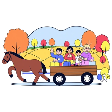 A group of families sitting on a wooden wagon during a hayride. The wagon is filled with bales of hay and pulled by a brown horse. Surrounding the wagon are colorful autumn trees with orange, red, and yellow leaves. In the background, there are fields of crops ready for harvest and a clear blue sky overhead. The families are smiling, wearing warm clothing, and some are holding cups of hot cider.