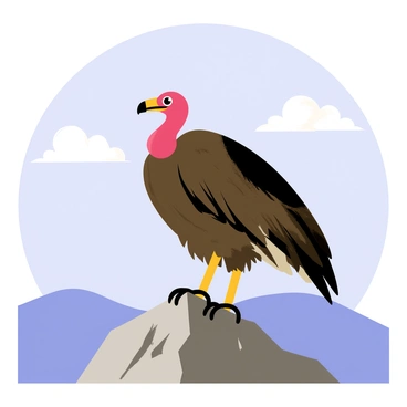 A turkey vulture standing proudly on a high mountain peak, with its wings slightly spread to showcase the feathers. The vulture has a dark brown body and a distinctive red head, contrasting with the rocky gray surface of the mountain. In the background, there are rolling hills and a clear blue sky dotted with a few fluffy white clouds. The sun casts a warm glow, highlighting the contours of the vulture's wings and the rugged terrain of the peak.