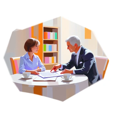 A person with short brown hair and wearing a blue shirt is sitting at a round table with a legal advisor who has gray hair and is dressed in a dark suit. The legal advisor has a focused expression while pointing at a document spread out on the table. The document contains highlighted text that outlines various rights. There are two coffee cups on the table, and a bookshelf filled with legal books is visible in the background, indicating a professional setting.