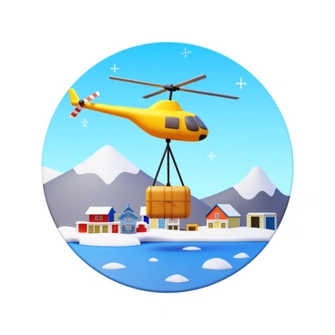 A KMAX helicopter with a bright yellow body is hovering above an Arctic research station. The helicopter is in the process of lowering a large bundle of supplies secured by a heavy-duty cargo net. The research station is a cluster of small, colorful buildings surrounded by snow and ice. In the background, there are snow-covered mountains and a clear blue sky. Snowflakes are gently falling, adding to the wintry atmosphere. The scene captures the moment of delivery, showcasing the helicopter's rotor blades in motion and the supplies being carefully released.