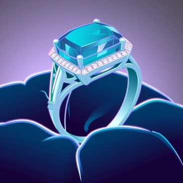 A close-up view of a luxurious sapphire ring featuring a large, deep blue sapphire surrounded by a halo of small, sparkling diamonds. The ring is set on a rich, dark velvet cushion that enhances its opulence. The velvet has a slight sheen, reflecting light in soft waves. The background is softly blurred to emphasize the details of the ring, including the intricate filigree work on the band and the glimmer of the gemstones. Each facet of the sapphire catches the light, creating a mesmerizing glow.