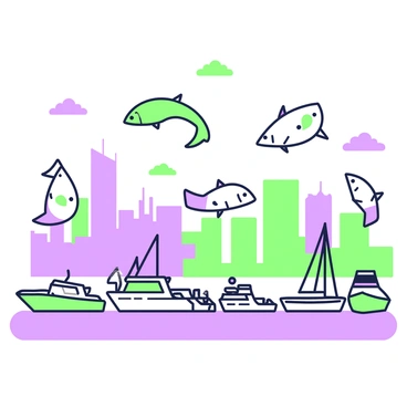 A scene featuring flying fish leaping gracefully over a city marina. In the foreground, several fish are captured mid-air, their bodies arched elegantly as they soar. Below, the marina is filled with a variety of boats, each with distinct shapes and sizes, lined up neatly along the water. Some boats have masts, while others are smaller and more compact. The background showcases a city skyline with tall buildings, each with unique architectural features. The water reflects the shapes of the boats and the soaring fish above, creating a lively and dynamic atmosphere.