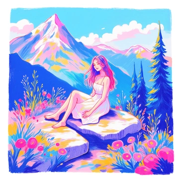 A woman with long, flowing hair is seated in a cross-legged position on a rocky mountain top. She is wearing a light, flowing white dress. Her hands are resting on her knees, palms facing upward. The background features majestic peaks and a clear blue sky, with fluffy white clouds scattered throughout. Surrounding her are vibrant green trees and colorful wildflowers, gently swaying in the breeze. The sunlight casts soft shadows on the rocks, creating a serene atmosphere.
