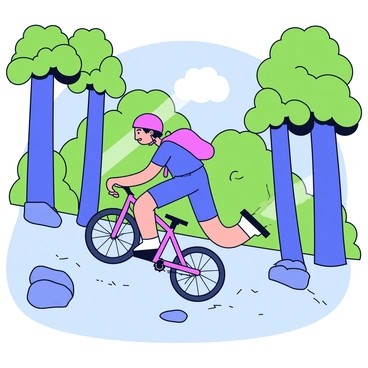 A cyclist in a bright red helmet and a blue jersey is speeding down a rocky mountain trail. The cyclist is in a dynamic pose, with one foot on the pedal and the other slightly raised. The trail is surrounded by tall green trees with thick trunks and lush foliage. Some rocks are scattered along the path, and a few rays of sunlight filter through the leaves, illuminating the scene. The background features more trees, creating a sense of depth in the forest.