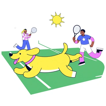 A playful dog with a golden coat is running energetically across a tennis court. The court is painted in green with white lines marking the boundaries. The dog has its tongue out and its ears flapping as it sprints. In the background, an owner in athletic wear is practicing their tennis shots, swinging a racket and focusing on the ball. The sun is shining brightly above, casting shadows on the court.