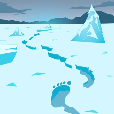 An isolated arctic landscape covered in a thick layer of snow. The ground is blanketed in frost, reflecting a pale blue hue under the dim light. Icy fog drifts through the scene, creating an ethereal atmosphere that obscures the horizon. Mysterious footprints, large and undefined, lead through the snow, disappearing into the fog. Jagged ice formations rise from the ground, their sharp edges glistening in the muted light. In the distance, dark silhouettes of mountains loom beneath the cloudy sky, enhancing the sense of isolation and mystery.