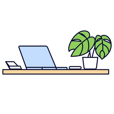 A monstera plant with large, glossy green leaves is situated on a work desk. The desk is made of light wood and has a laptop computer open on it. Next to the laptop, there is a small notebook and a pen. The monstera is placed in a simple white pot, adding a touch of nature to the workspace. The overall arrangement conveys a tidy and organized work environment.