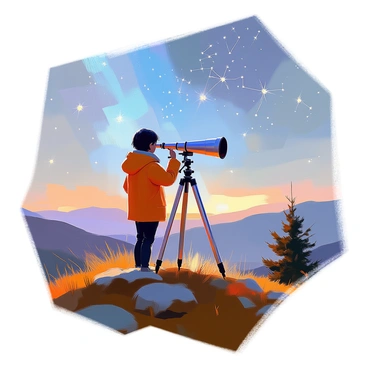 A figure standing on a grassy hilltop, gazing through a telescope. The figure has short dark hair and is wearing a warm jacket, appearing captivated as they observe the night sky. The Virgo constellation is clearly visible among the stars, with bright stars outlined in the sky. The landscape features gentle rolling hills, and a few trees are scattered around the hilltop. A soft glow from the stars illuminates the scene, enhancing the sense of wonder.