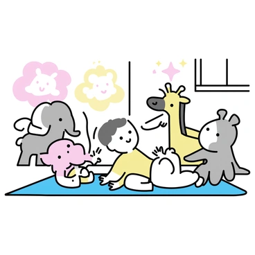 A baby lying on a soft, colorful play mat, surrounded by various plush animal toys. The toys include a soft elephant, a fluffy bear, and a cuddly giraffe. The gym setting has soft pastel colors on the walls with decorative elements like clouds and stars. The sunlight streams in through a nearby window, illuminating the scene and creating a warm atmosphere. The baby, with a bright smile, reaches out towards a plush toy, showcasing a moment of joyful interaction.