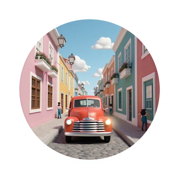 A bright red truck is driving along narrow cobblestone streets lined with charming historic buildings. The truck has shiny chrome accents, and its headlights are on, illuminating the path ahead. The buildings feature colorful facades with wooden window shutters and flower boxes filled with blooming flowers. A few pedestrians can be seen strolling leisurely, while a vintage street lamp casts a warm glow on the scene. The sky is clear with a few fluffy clouds, complementing the picturesque atmosphere of the town.
