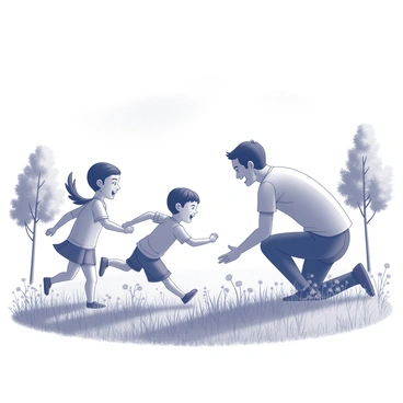 Job playing with his children in a meadow as they laugh and run