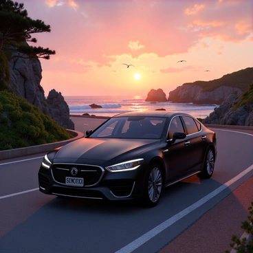 An Uber car driving along a coastal road with a beautiful sunset in the background