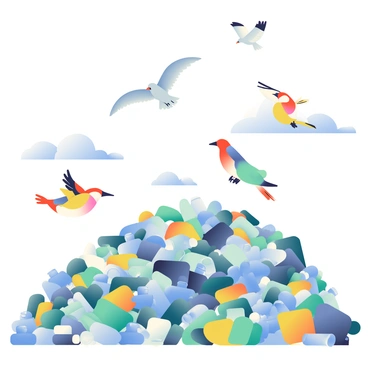 A flock of various birds with colorful plumage is flying over a crowded landfill. Below them, the landfill is filled with heaps of plastic trash in shades of blue, green, and yellow. There are crumpled plastic bags, discarded bottles, and various containers scattered throughout the site. In the background, a few seagulls are circling above, while other birds soar higher, their wings outstretched against a clear blue sky. The scene captures the stark contrast between the vibrant birds and the dull, overwhelming expanse of waste below.