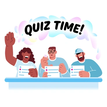 A vibrant cartoon panel features three characters sitting at a long quiz table. Each character is holding a quiz card with questions. The first character, a cheerful person with curly hair, is raising their hand excitedly. The second character, wearing glasses, leans forward with a thoughtful expression, holding a pencil poised above their card. The third character, wearing a hat, is looking at the others with a playful grin. Bright colors fill the background, with large letters spelling out "QUIZ TIME!" in bold above them. Each character is depicted with exaggerated features and colorful outfits.