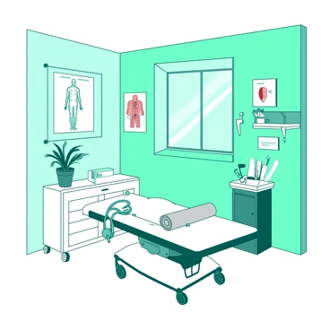 The interior of a doctor's office features pale teal walls adorned with various medical posters illustrating human anatomy and health information. In one corner, there is a white examination table covered with a light gray paper roll. Nearby, a white medical cart holds an assortment of instruments and supplies, while a teal stethoscope hangs from the side. A large window allows natural light to stream in, illuminating a small potted plant on a white shelf. The overall atmosphere is organized and clinical, with a focus on healthcare equipment.