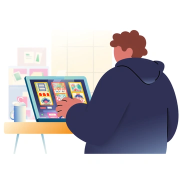 A person with medium skin tone is sitting at a wooden table, focused on a laptop displaying a vibrant virtual casino on the screen. The virtual casino features colorful slot machines and animated card games, filled with bright lights and dynamic graphics. The person is wearing a black hoodie, and their short brown hair is slightly tousled. There is a white coffee mug next to the laptop, filled with steaming coffee. The background includes a soft-focus view of a cozy living room with warm lighting.