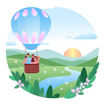 A large hot air balloon is floating gently across a vibrant landscape filled with rolling hills and lush greenery. The balloon is multi-colored, featuring bright patterns that stand out against the blue sky. Inside the basket, a group of friends are seated together, enjoying the view. They are surrounded by a beautiful panorama of fields with wildflowers, and a winding river glistening in the sunlight can be seen below. The sun sets in the distance, casting warm hues across the horizon, creating a picturesque scene.