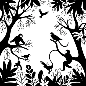 A dense canopy of a rainforest filled with various species of leaves and branches, creating a layered effect. Birds are perched on the branches, with some in mid-flight, showing their wings spread wide. Monkeys are seen swinging from branch to branch, with some hanging upside down, exhibiting their agile movements. Sunlight filters through the leaves, creating patterns of light and shadow on the forest floor below.