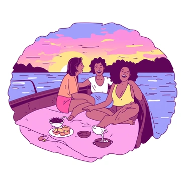 A group of four friends is sitting together on a boat as it gently glides across the water. The friends are smiling and laughing, enjoying each other's company. The sky is filled with vibrant hues as the sun sets, casting a warm glow over the scene. A pink blanket is spread across the boat floor, and snacks are casually placed around. Some of the friends are leaning against the boat railing, while others are sitting cross-legged on the blanket. The water reflects the colors of the sunset, creating a calm and peaceful atmosphere.