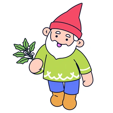 A nisse with a pointed red hat and a white beard is holding a sprig of mistletoe. The nisse has a playful expression, winking with one eye and displaying a wide smile. The background is simple and emphasizes the nisse's cheerful demeanor. The mistletoe has small white berries and green leaves, contrasting with the nisse's red hat. The nisse's outfit is a bright green with a decorative pattern.