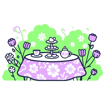 A cheerful tea party set in a blooming garden with floral tablecloth and colorful flowers.