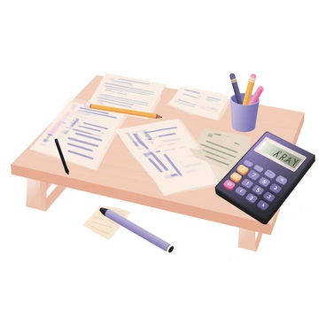 A digital flat illustration depicting a cluttered desk filled with various tax forms scattered across the surface. There is a yellow pencil lying on top of a stack of papers, while a black calculator is positioned to the right, with fingers visibly pressing its buttons as numbers are displayed on the screen. A few crumpled sheets of paper are seen nearby, and a cup holding additional writing utensils is placed in the corner of the desk. The background is a light wooden texture that adds to the homely feel of the workspace.