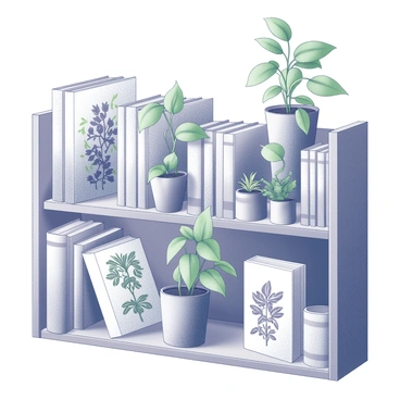 A library shelf filled with books featuring "botanical illustrations." The books are arranged neatly, showcasing their covers, with some open to display their intricate illustrations. Potted plants are placed among the books, varying in size and type. The pots are simple, allowing the lush green foliage of the plants to stand out. The shelf has a wooden finish, and the lighting casts gentle shadows, enhancing the textures of the books and the leaves.