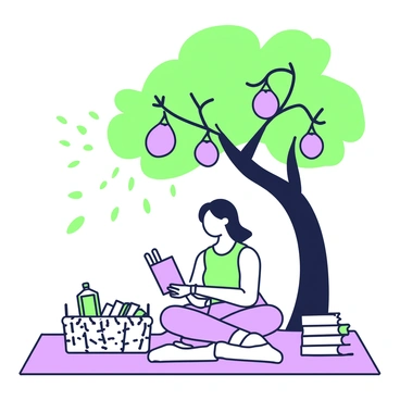 A person is sitting comfortably on a blanket underneath the shade of a fig tree. The tree has broad leaves and several figs hanging from its branches. The person, wearing a light summer outfit, is absorbed in reading a book with a colorful cover. Sunlight filters through the leaves, creating dappled patterns on the ground. Next to the person, there is a small wicker basket with a few more books and a bottle of water. The peaceful setting is enhanced by the gentle rustling of the leaves above.