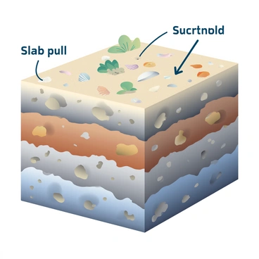 A cross-section of rock layers is depicted, showcasing various strata in shades of brown and gray. Each layer contains embedded fossils, including seashells, plants, and small dinosaur remains. The top layers are more recently formed and appear less compacted, while deeper layers show more sediment compression and age. An arrow indicating "slab pull" is illustrated, emphasizing the geological forces at work. The background subtly hints at an underground environment, with faint shadows and soft textures conveying depth.