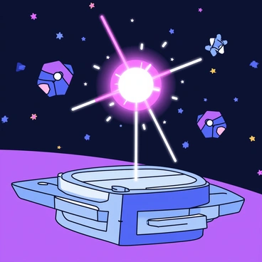 A vibrant pulsar emitting bright beams of light in a dark space setting. In the foreground, a sleek, futuristic structure captures energy from the pulsar. This structure consists of metallic panels and geometric shapes, glowing softly with a bluish hue. Surrounding the structure are small floating drones, busy monitoring the energy flow. In the background, distant galaxies and stars create a cosmic landscape filled with colors of purple and blue.