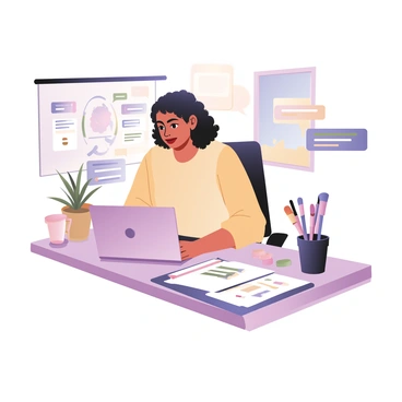 A digital flat illustration depicting an artist sitting at a modern desk with a laptop open in front of them. The artist has curly hair and is wearing a bright yellow shirt. They have a focused expression as they read feedback on the screen. Surrounding the artist are colorful sketches and art supplies, including brushes and paint tubes. In the background, there are chat bubbles that represent peer feedback, with some messages highlighted in blue and green. A potted plant sits on the desk, adding a touch of greenery to the workspace. A window in the background shows a bright sky and fluffy clouds.