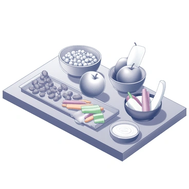 A table set with an arrangement of healthy snacks. There are bowls filled with assorted nuts, such as almonds and walnuts, positioned alongside a platter of fresh fruits including sliced apples, strawberries, and bananas. A tray holds colorful veggie sticks, including carrots, celery, and bell peppers, resting neatly next to a small bowl of hummus for dipping. The table's surface is clean and organized, showcasing the variety of nutritious options available.