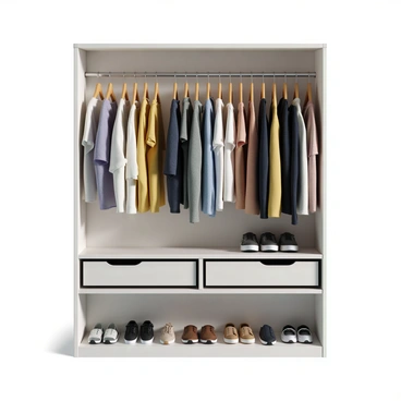 A decluttered closet featuring a variety of clothing items organized by color in an orderly fashion. The clothes are arranged on sturdy wooden hangers, with hues transitioning smoothly from light to dark. Neatly placed shoes occupy the bottom of the closet, showcasing a collection of different styles, including sneakers, sandals, and dress shoes, each in their own designated spot. Natural light filters through a nearby window, enhancing the tidy and organized atmosphere of the space.