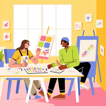 Two artists are seated at a large wooden table in a bright, colorful studio. One artist, a woman with long brown hair wearing a paint-splattered apron, is working on a canvas filled with vibrant abstract shapes. The other artist, a man with short black hair wearing a beret, is sketching in a notebook, surrounded by pencils and brushes. They are leaning towards each other, engaged in conversation, with smiles on their faces. The walls of the studio are adorned with various artworks, and a large window lets in warm sunlight, illuminating their workspace.