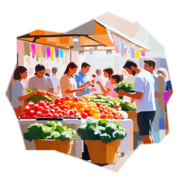 A bustling farmers market scene filled with customers browsing various stalls. The vendors are showcasing an array of fresh produce, including vibrant red tomatoes, bright green cucumbers, and bunches of leafy kale. Some customers are examining the fruits closely, while others are chatting with the vendors. A few children are excitedly reaching for strawberries, and a couple is selecting a bunch of fresh herbs. Colorful banners are hanging above the stalls, and there are woven baskets filled with fruits and vegetables scattered throughout the market. The atmosphere is lively, with people interacting and enjoying the local offerings.