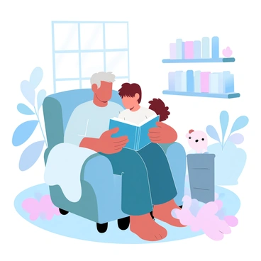 A grandparent with silver hair is sitting in a cozy armchair, holding a colorful storybook open. The grandchild, with tousled hair, is sitting on the grandparent's lap, looking attentively at the pages of the book. The room is warmly lit, with a soft blanket draped over the armchair. Surrounding them are several plush toys scattered on the floor, and a small bookshelf filled with more storybooks in the background. A gentle atmosphere is created by the presence of a few houseplants near the window, where sunlight softly filters in.