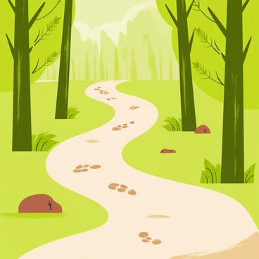 A winding path meandering through a dense forest surrounded by tall green trees. The ground is scattered with brown "châtaignes" nestled among the fallen leaves. Various "animal tracks" are visible in the moist earth, indicating the presence of wildlife in the area. Sunlight filters through the foliage, casting dappled shadows along the path.