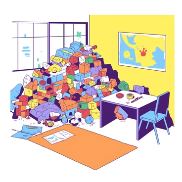 A yellow child's room is filled with a large collection of toys piled up in one corner, showcasing a vibrant playfulness. The toys include colorful building blocks, stuffed animals, and action figures, all stacked haphazardly. Nearby, there is a small white table with a blue chair, and on the table, there are scattered art supplies such as crayons and paper. A bright orange rug covers the floor in front of the toy pile, adding warmth to the space. The walls are adorned with cheerful blue and yellow drawings. A window lets in soft light, illuminating the joyful chaos of the toy collection.