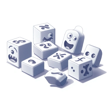 A set of mahjong tiles arranged in a playful manner. Each tile is designed to resemble a cartoon character with exaggerated features, such as large eyes and whimsical expressions. The characters display a variety of poses and actions, adding to their lively appearance. The tiles are placed on a flat surface, showcasing their unique designs and forms. Each character represents a different aspect of the game, maintaining the traditional mahjong tile shapes.
